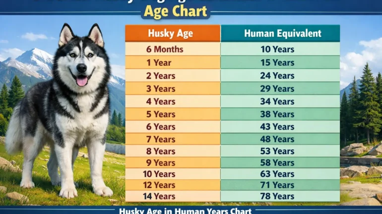 Siberian Husky standing outdoors showing typical medium-large size, thick double coat, and alert expression used for a Siberian Husky age calculator guide
