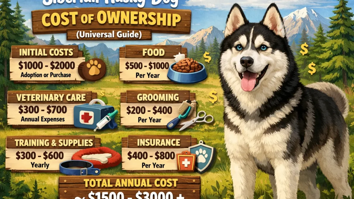 Siberian Husky cost of ownership showing an adult Husky with a thick double coat and athletic build