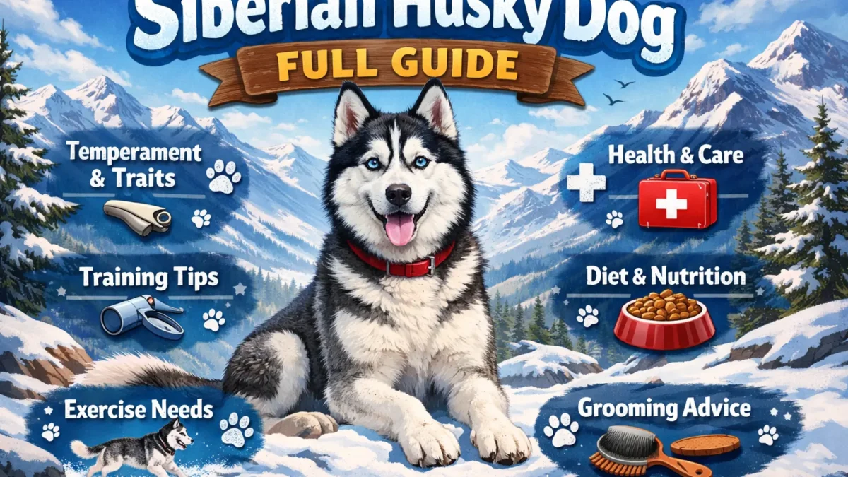 Siberian Husky Dog standing outdoors, showing its athletic build, thick double coat, and alert expression