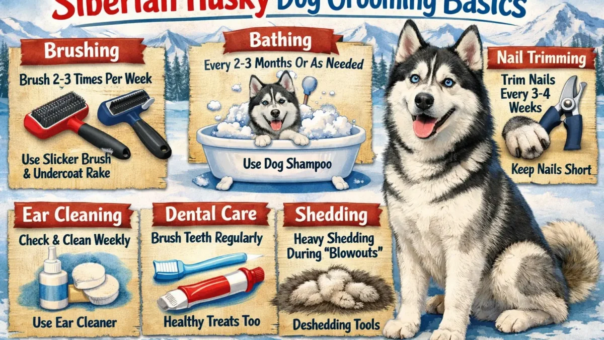 Siberian Husky grooming showing an adult Husky with a thick double coat being brushed to remove loose undercoat