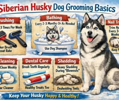 Siberian Husky grooming showing an adult Husky with a thick double coat being brushed to remove loose undercoat