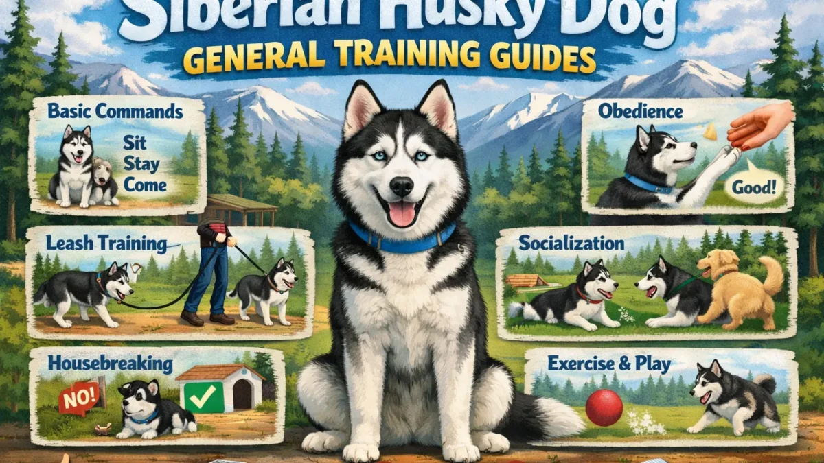 Siberian Husky training session with an adult Husky focusing calmly during basic obedience practice