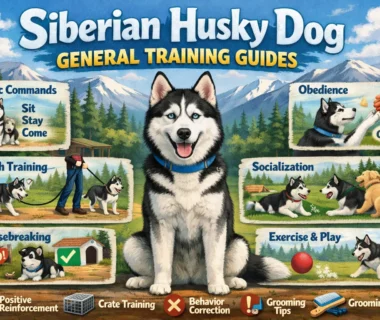Siberian Husky training session with an adult Husky focusing calmly during basic obedience practice