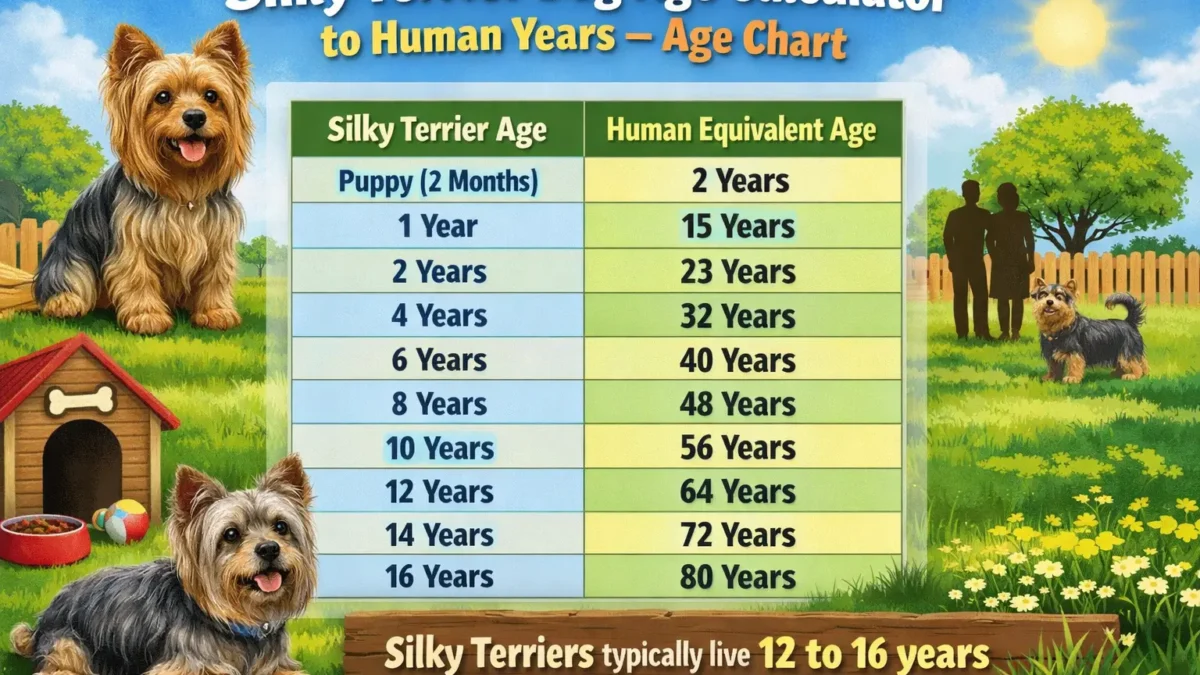 Silky Terrier standing on grass showing small size and silky coat, representing age and life stages