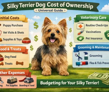 Adult Silky Terrier standing on a grassy lawn, showing its long silky coat and small size, representing Silky Terrier cost of ownership.