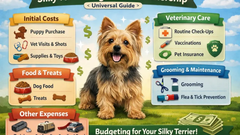 Adult Silky Terrier standing on a grassy lawn, showing its long silky coat and small size, representing Silky Terrier cost of ownership.