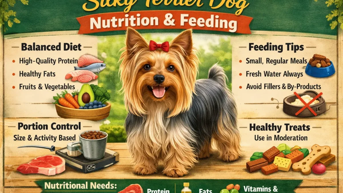 Silky Terrier standing on a feeding mat with a bowl of healthy dog food, showing a shiny coat and alert expression