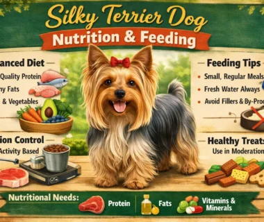Silky Terrier standing on a feeding mat with a bowl of healthy dog food, showing a shiny coat and alert expression