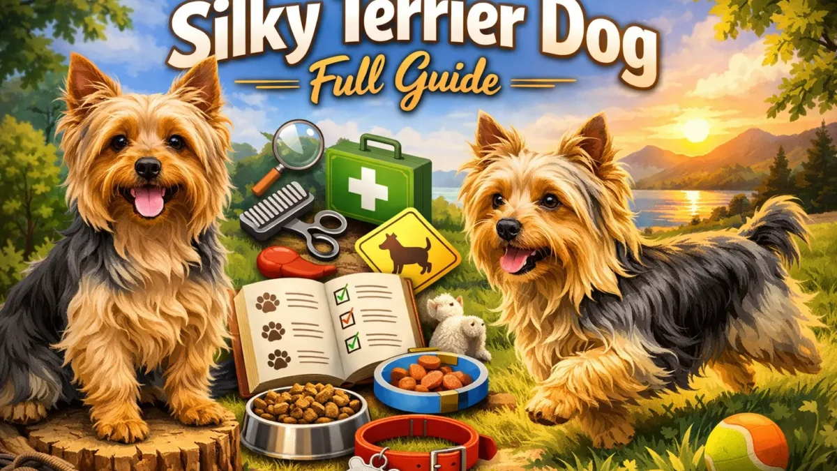 Adult Silky Terrier dog standing outdoors showing silky blue and tan coat and alert expression