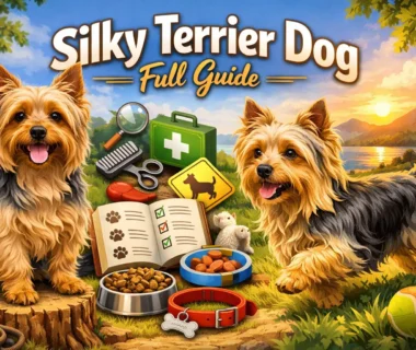 Adult Silky Terrier dog standing outdoors showing silky blue and tan coat and alert expression