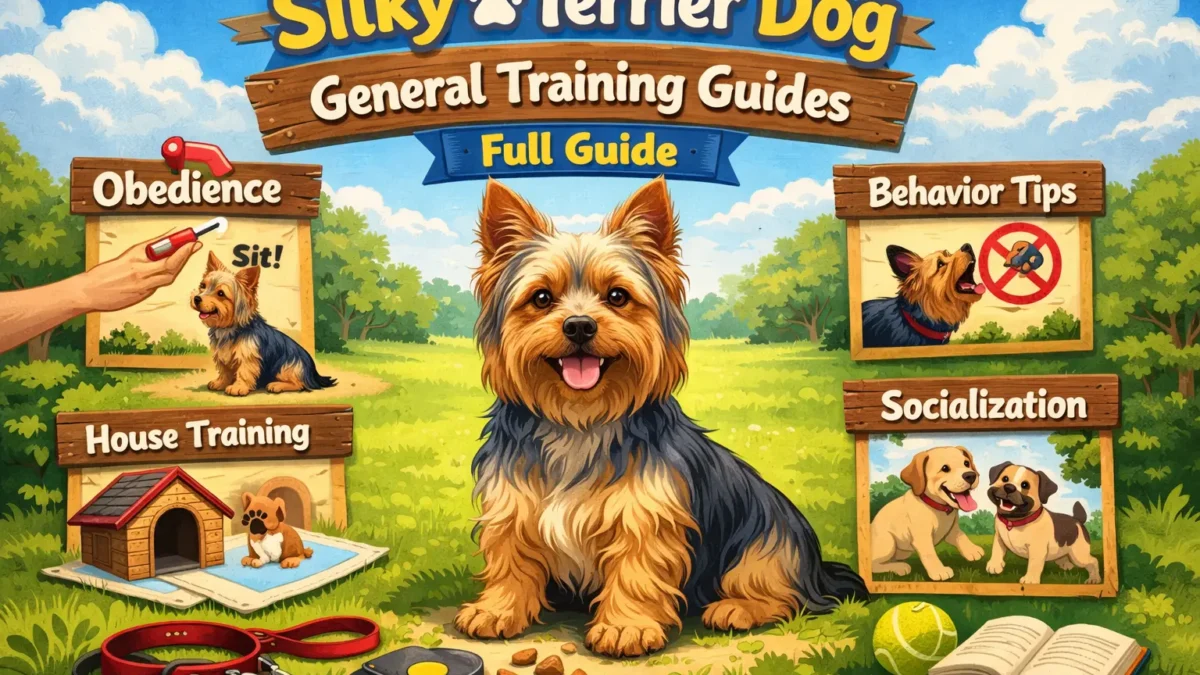 A well-groomed Silky Terrier learning obedience commands during a training session