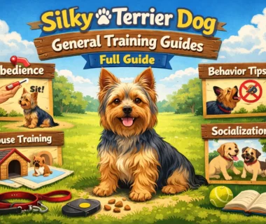 A well-groomed Silky Terrier learning obedience commands during a training session