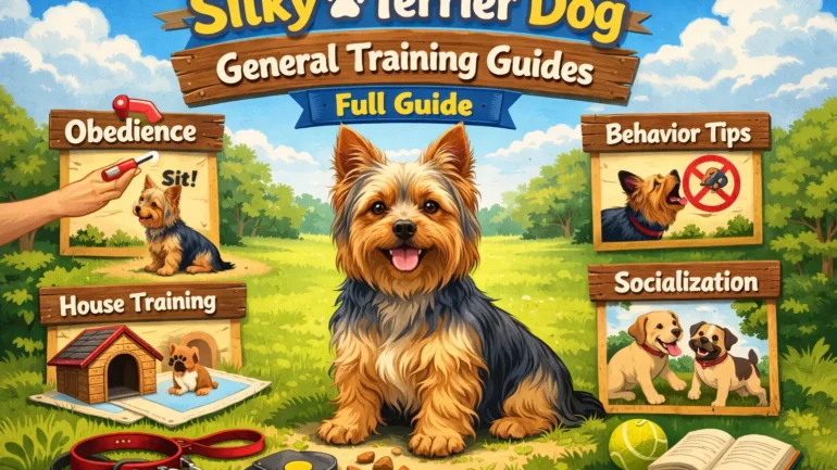 A well-groomed Silky Terrier learning obedience commands during a training session