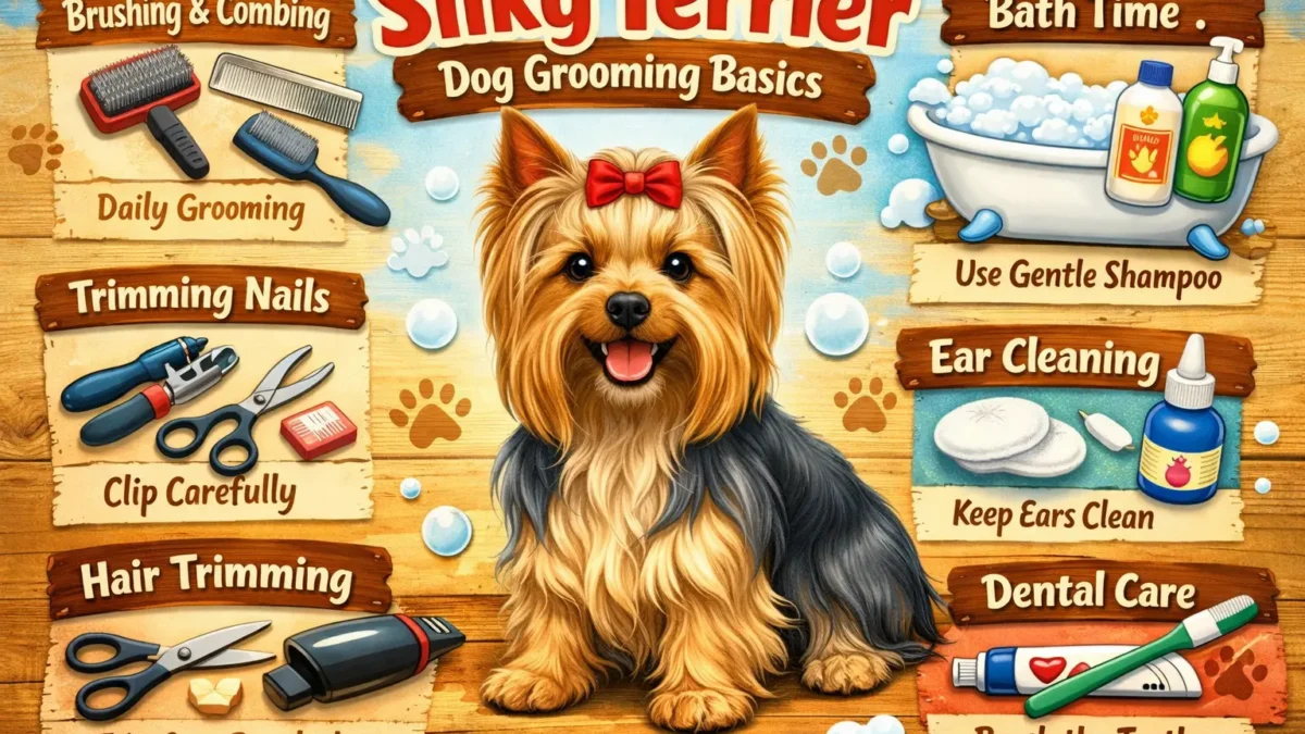 Adult Silky Terrier with silky, flowing coat being brushed at home