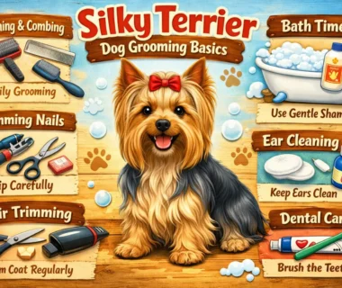 Adult Silky Terrier with silky, flowing coat being brushed at home