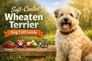 Adult Soft Coated Wheaten Terrier standing outdoors, medium-sized dog with a soft wheaten-colored coat, dark eyes, and a friendly, alert expression