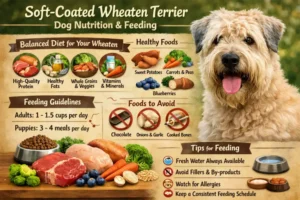 Soft Coated Wheaten Terrier sitting near a food bowl, illustrating healthy feeding habits for an active medium-sized breed