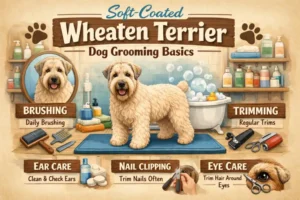 Soft Coated Wheaten Terrier during grooming, highlighting its long, silky single coat and natural wheaten color