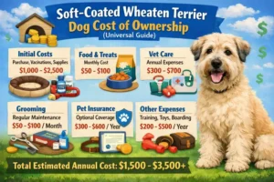 Soft Coated Wheaten Terrier relaxing at home, representing daily care, grooming, and long-term ownership needs