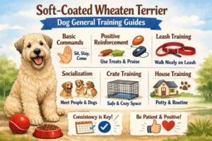 Soft Coated Wheaten Terrier following training commands, showing an intelligent, energetic temperament in a calm outdoor setting