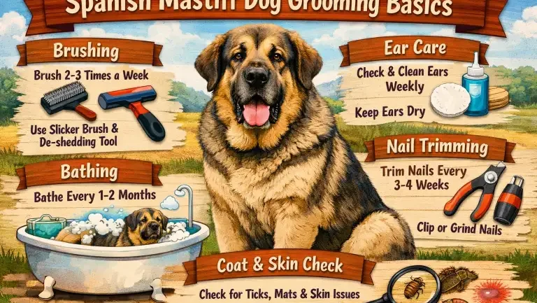 Spanish Mastiff being brushed, highlighting its short coat and loose skin folds