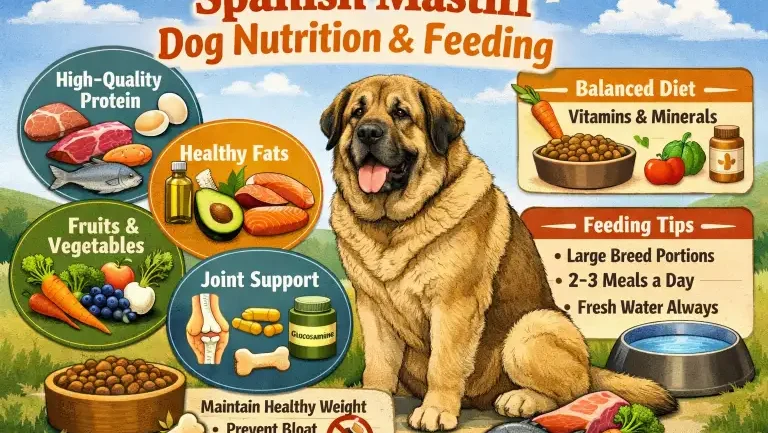 Large Spanish Mastiff resting after feeding, showing heavy build and relaxed temperament
