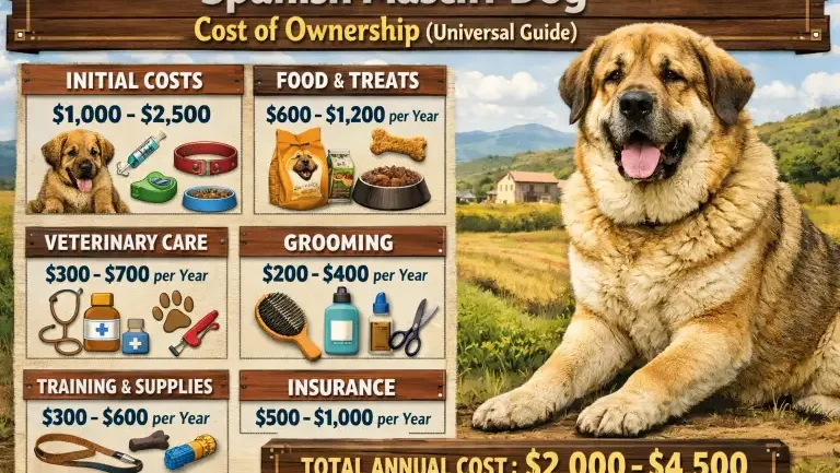 : Adult Spanish Mastiff standing on farmland, emphasizing its size and livestock guardian role