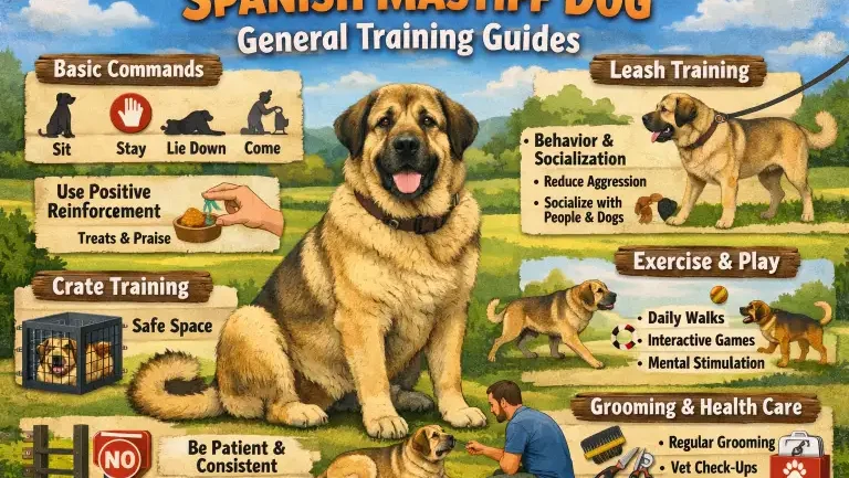 Spanish Mastiff walking beside its owner during controlled leash training outdoors