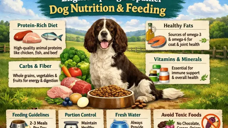 English Springer Spaniel eating from a food bowl after activity, representing nutrition for an active sporting breed