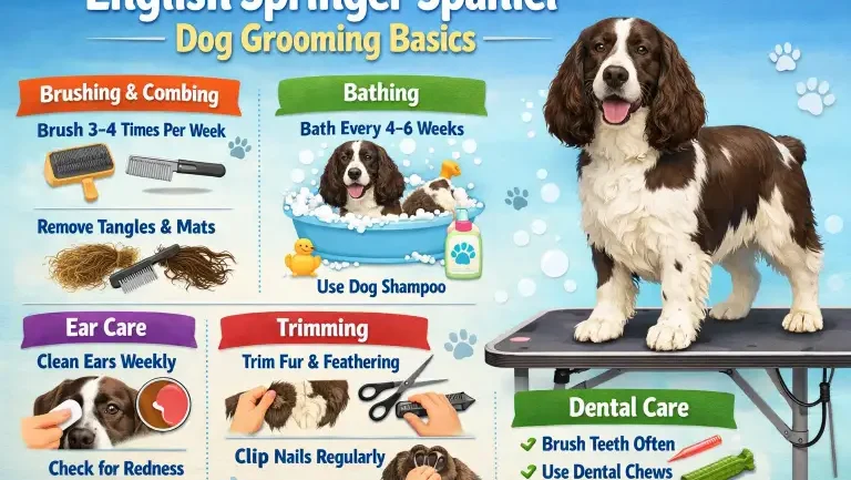: English Springer Spaniel being groomed, focusing on feathered ears, legs, and regular coat maintenance