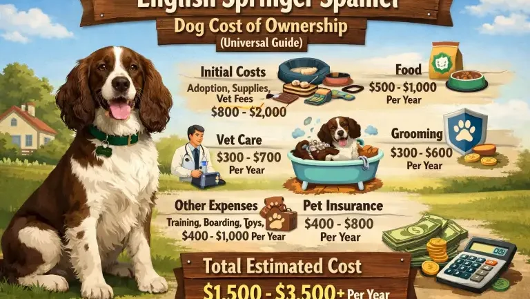 English Springer Spaniel resting indoors with grooming tools and supplies nearby, reflecting long-term care and ownership costs