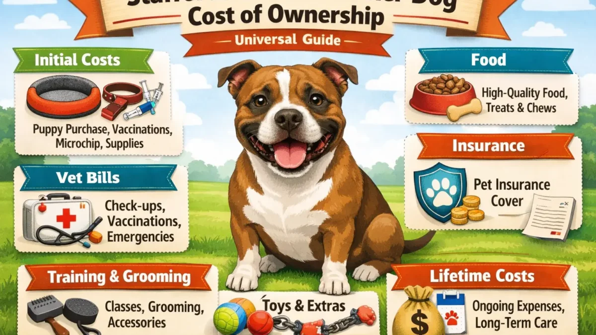 Adult Staffordshire Bull Terrier sitting on grass, showing muscular build and short coat, representing ownership costs