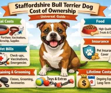 Adult Staffordshire Bull Terrier sitting on grass, showing muscular build and short coat, representing ownership costs