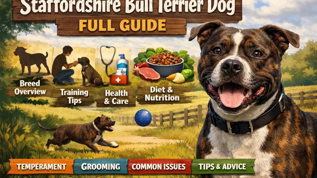 Adult Staffordshire Bull Terrier standing on grass, showing muscular build, short smooth coat, and alert expression