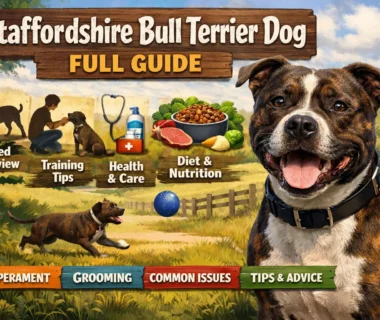 Adult Staffordshire Bull Terrier standing on grass, showing muscular build, short smooth coat, and alert expression