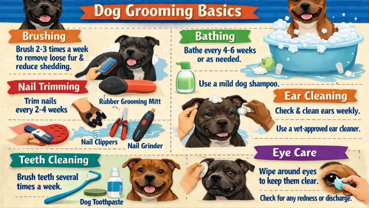 Adult Staffordshire Bull Terrier with short smooth coat being brushed at home