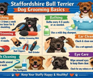 Adult Staffordshire Bull Terrier with short smooth coat being brushed at home