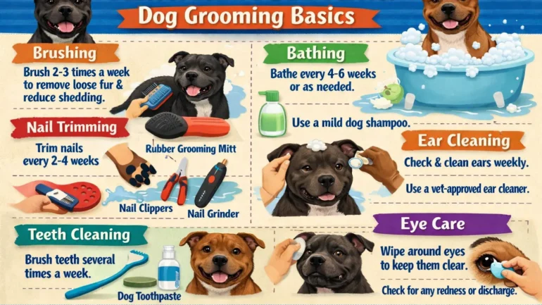 Adult Staffordshire Bull Terrier with short smooth coat being brushed at home