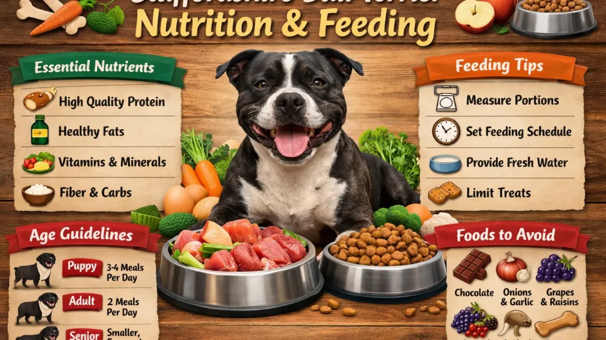 Adult Staffordshire Bull Terrier eating a balanced meal from a bowl, illustrating proper nutrition and feeding