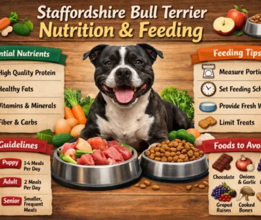 Adult Staffordshire Bull Terrier eating a balanced meal from a bowl, illustrating proper nutrition and feeding