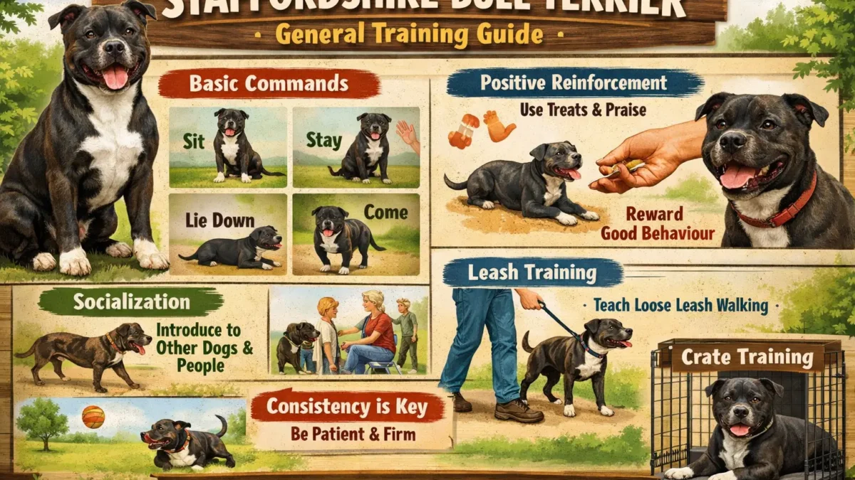 Adult Staffordshire Bull Terrier standing calmly during a training session in a backyard