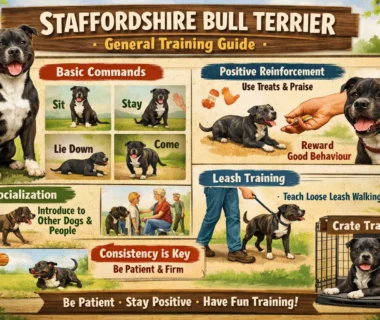 Adult Staffordshire Bull Terrier standing calmly during a training session in a backyard