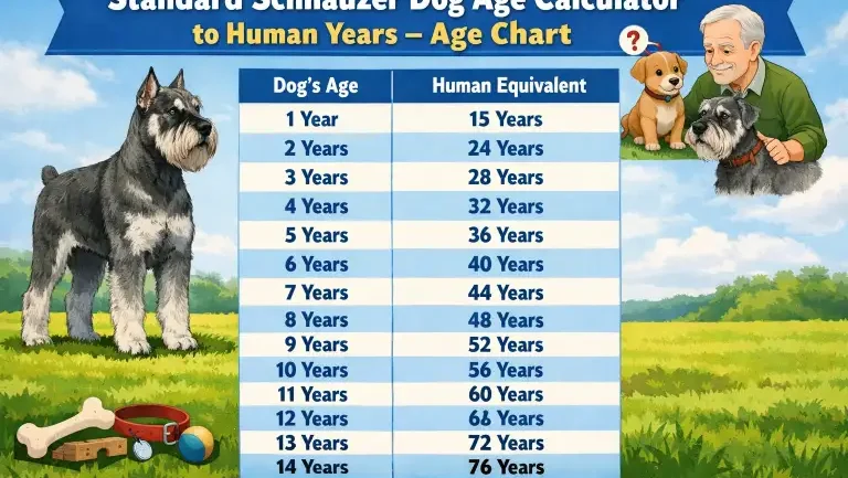 Standard Schnauzer shown as a puppy, adult, and senior dog to illustrate age stages for dog-to-human year comparison