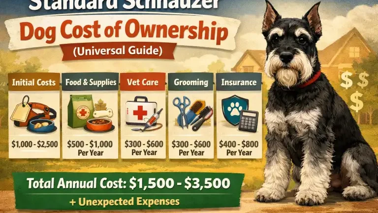 Standard Schnauzer dog with grooming tools, food bags, and training equipment nearby, representing long-term cost of ownership