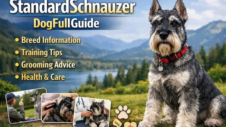 Adult Standard Schnauzer with a salt and pepper wiry coat standing confidently, showing square build, beard, and expressive eyebrows