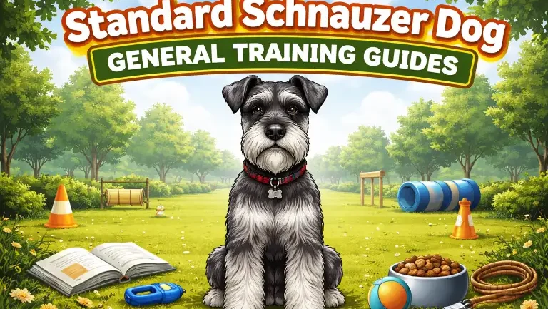 Standard Schnauzer dog practicing obedience training outdoors, showing alert posture, intelligence, and responsiveness