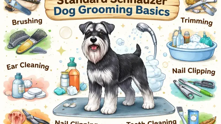 Standard Schnauzer dog being hand-stripped and brushed, highlighting wiry coat texture, beard care, and grooming needs