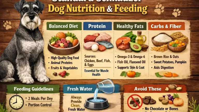 Standard Schnauzer dog eating measured dry food from a bowl, showing balanced nutrition and healthy body condition