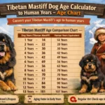 : Adult Tibetan Mastiff sitting upright, showing mature size and heavy coat typical of the breed