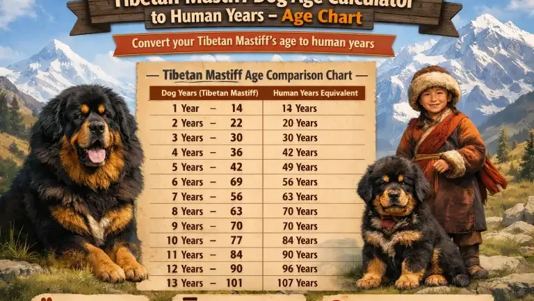 : Adult Tibetan Mastiff sitting upright, showing mature size and heavy coat typical of the breed